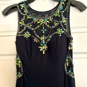 Betsy & Adam Jeweled Illusion Column Dress - Navy